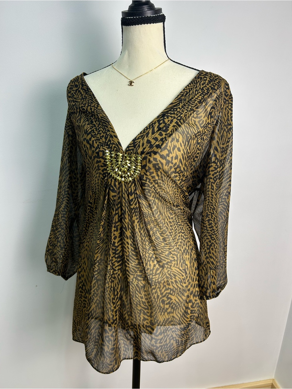 2000s Express Brown Animal-Print V-Neck Tunic with Gold Embellishments